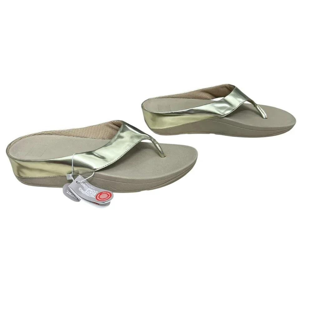 NWT Fitflop Ringer Leather Gold Metallic thong women's wedge sandals size 10